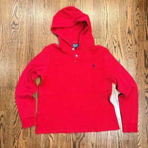 Polo Ralph Lauren Waffle Knit Thermal Henley Hoodie Red Kids Size L Preppy